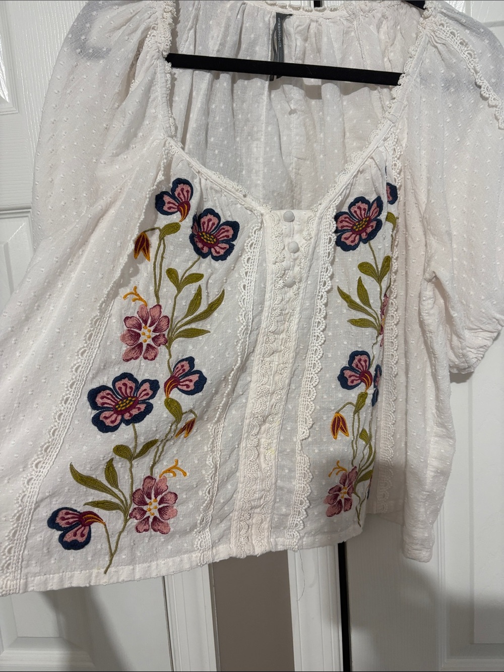 Anthropologie White Peasant Blouse with Pink and Navy Floral Embroidery
